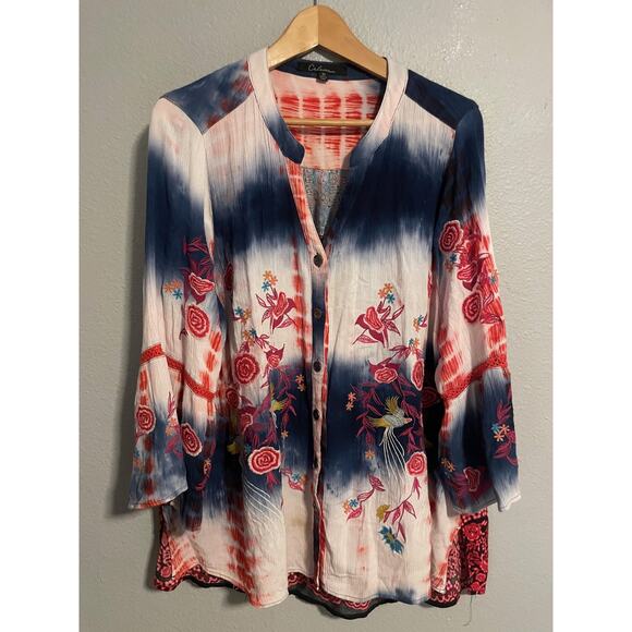 Calessa Tops - Calessa Blouse Womens 1X Blue Red Tie Dye Embroidered Boho Tunic Button Front